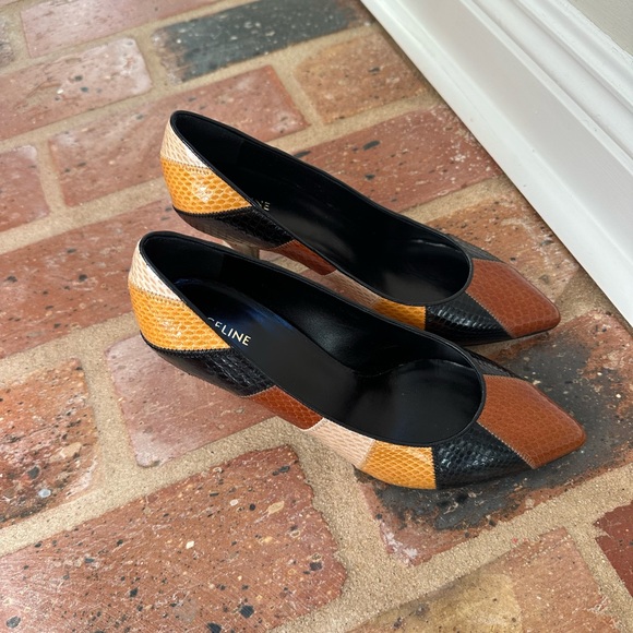 Celine Triangle Heel wide-striped water snakeskin high heels NWTS Size 38 - Picture 2 of 6